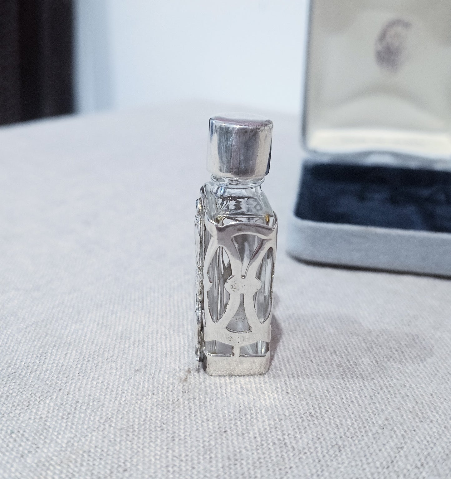 Vintage Small Perfume Bottle in Sterling Silver Openwork Case Art Nouveau style Snowdrop Design & Funnel, Original Box