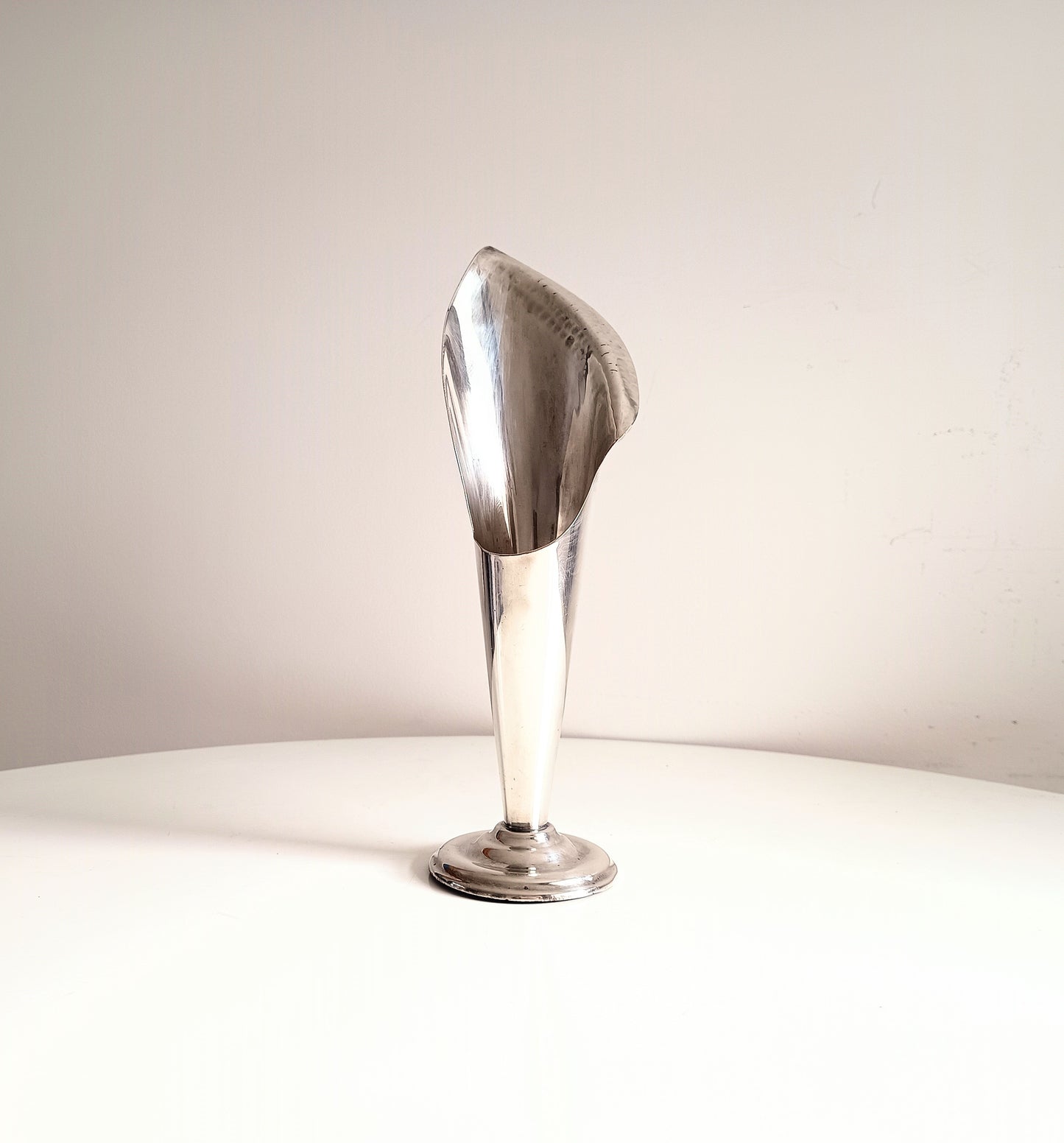 Vintage Tall Arts & Crafts Asymmetrical Silver Plate Calla Lily Vase, Hand Hammered Edge