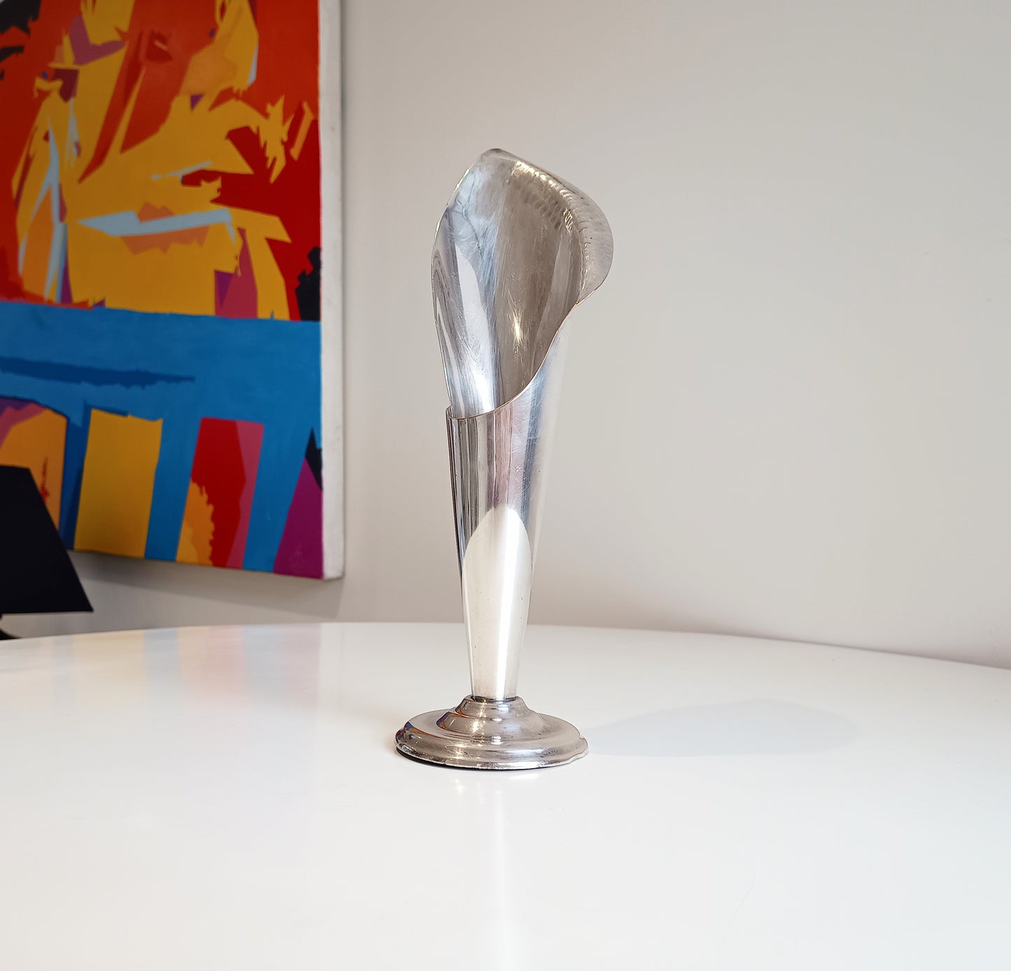 Vintage Tall Arts & Crafts Asymmetrical Silver Plate Calla Lily Vase, Hand Hammered Edge