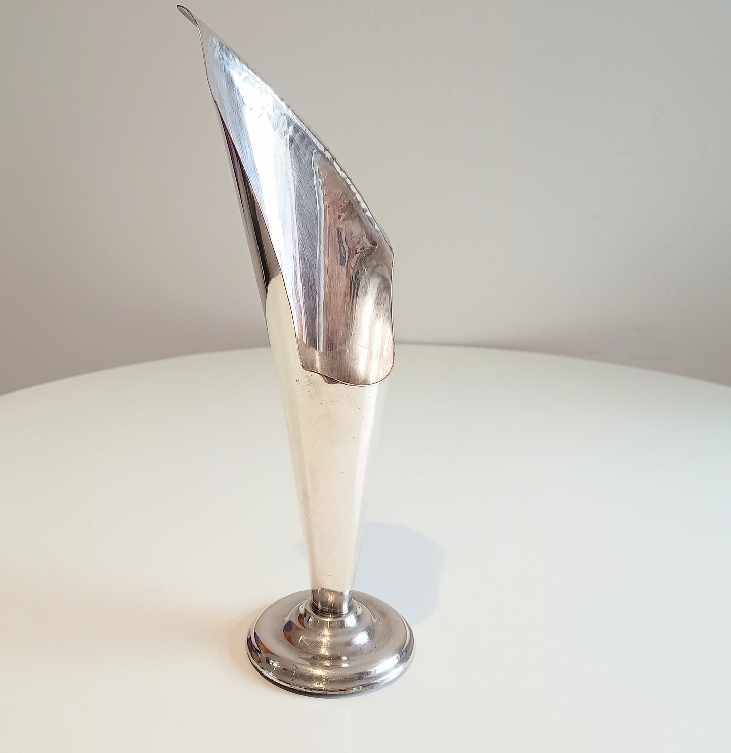 Vintage Tall Arts & Crafts Asymmetrical Silver Plate Calla Lily Vase, Hand Hammered Edge
