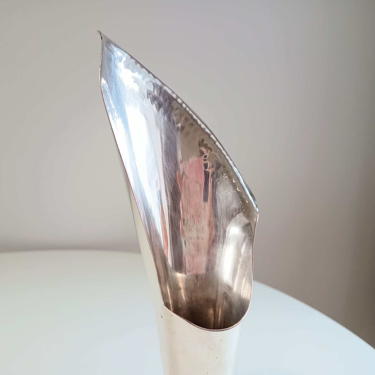 Vintage Tall Arts & Crafts Asymmetrical Silver Plate Calla Lily Vase, Hand Hammered Edge