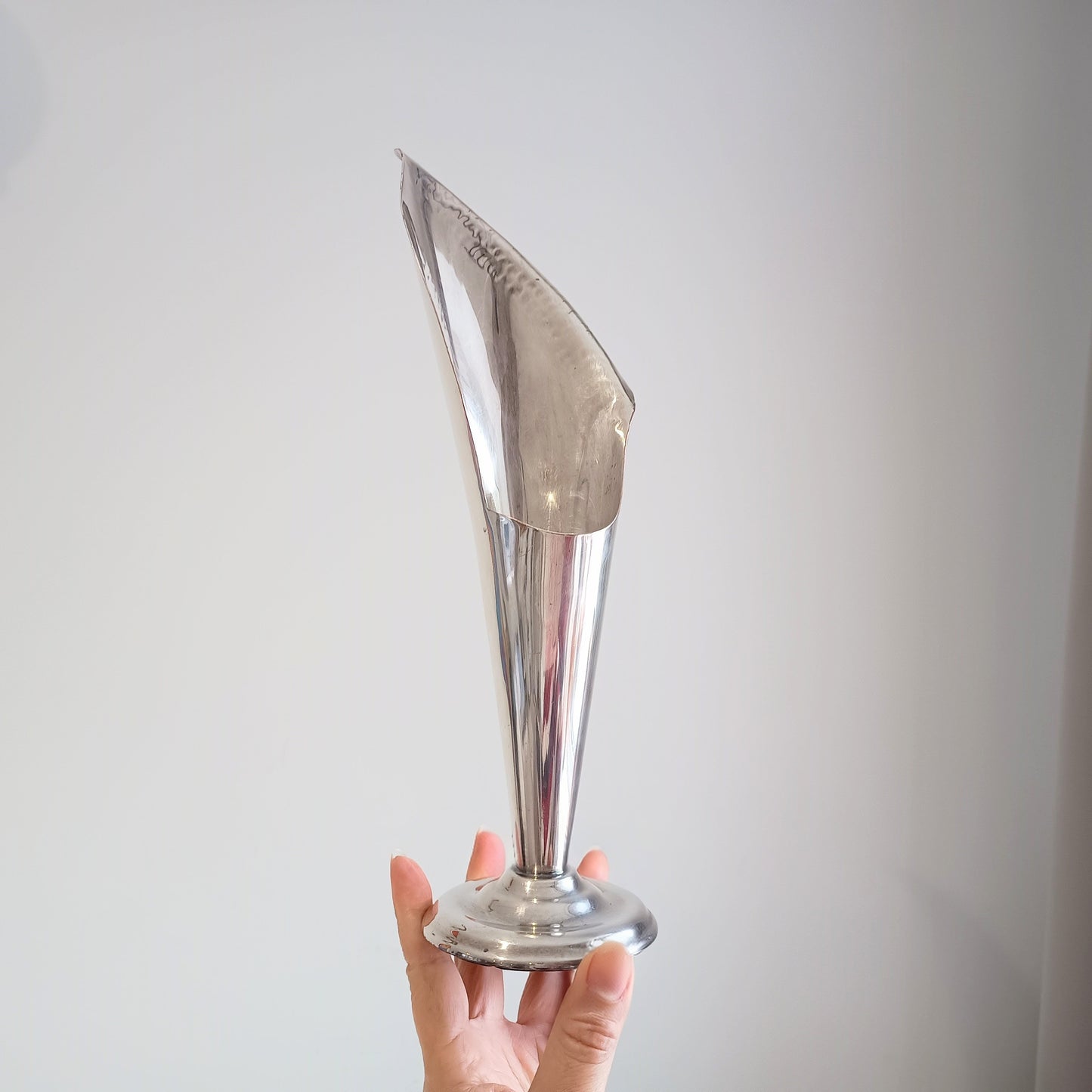 Vintage Tall Arts & Crafts Asymmetrical Silver Plate Calla Lily Vase, Hand Hammered Edge