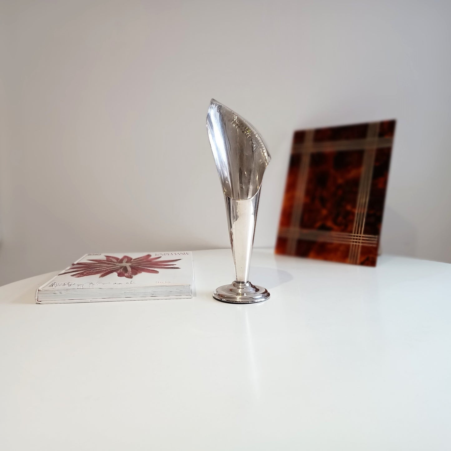 Vintage Tall Arts & Crafts Asymmetrical Silver Plate Calla Lily Vase, Hand Hammered Edge