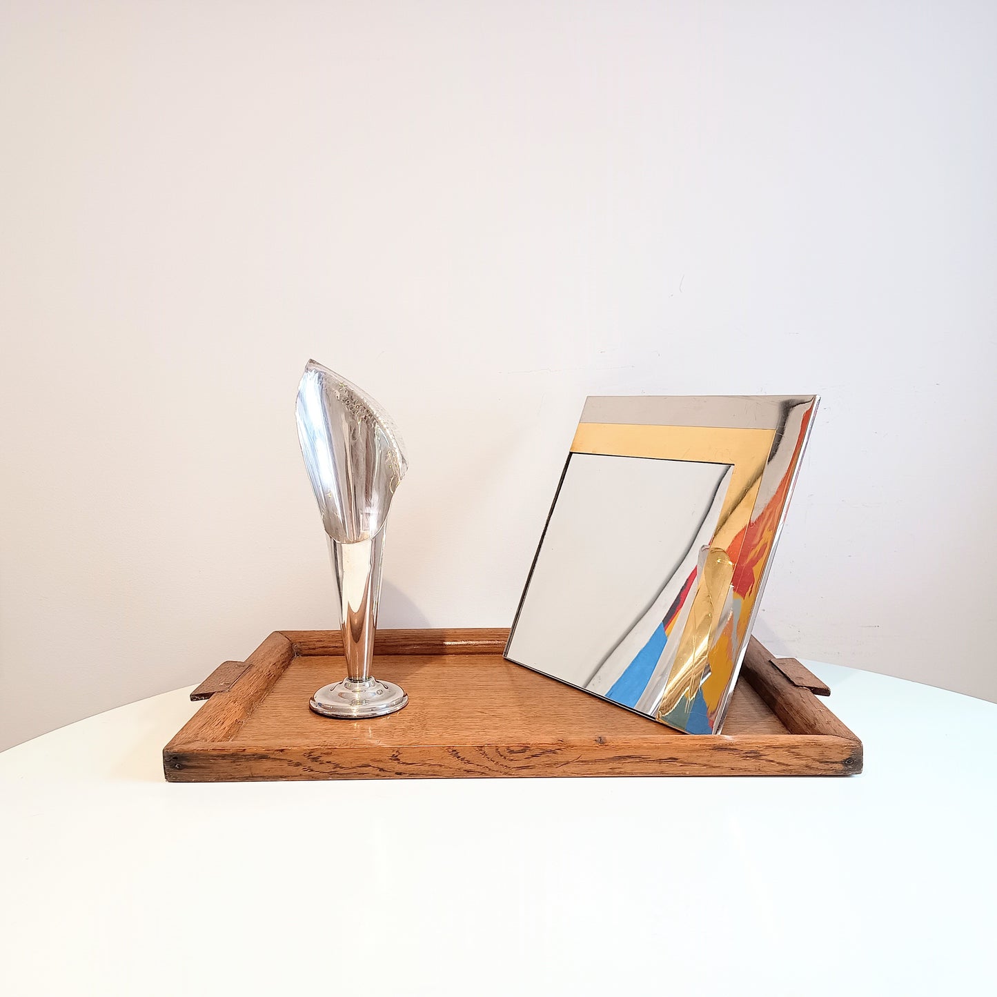 Vintage Tall Arts & Crafts Asymmetrical Silver Plate Calla Lily Vase, Hand Hammered Edge