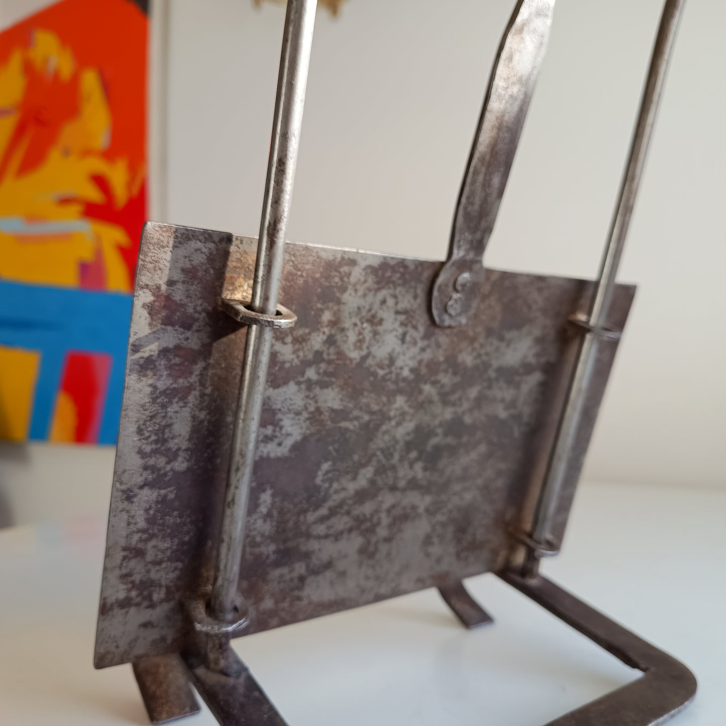 Arts & Crafts Cotswolds Hand-Forged Riveted Hearth Trivet Cooking Stand, Sliding Plate Heart-shaped Finial