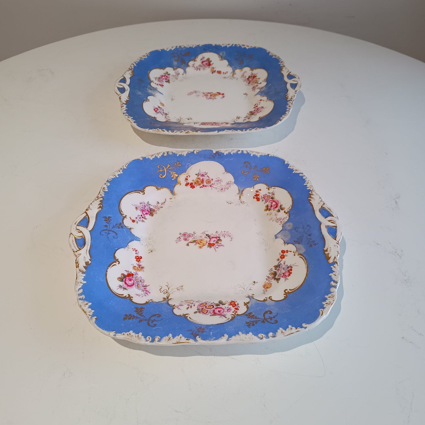 Early Victorian Floral Blue & Gilt Serving Dishes for Dessert / Sandwiches, Coalport 1835