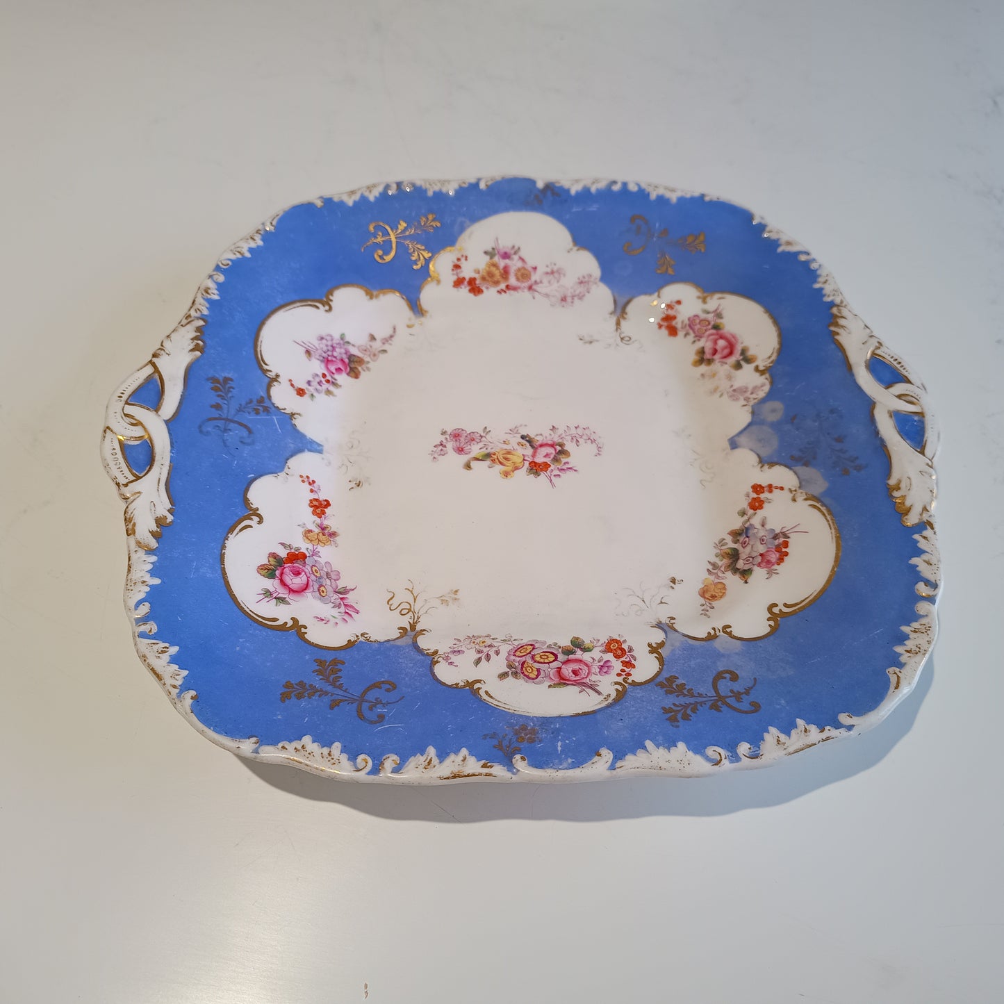 Early Victorian Floral Blue & Gilt Serving Dishes for Dessert / Sandwiches, Coalport 1835
