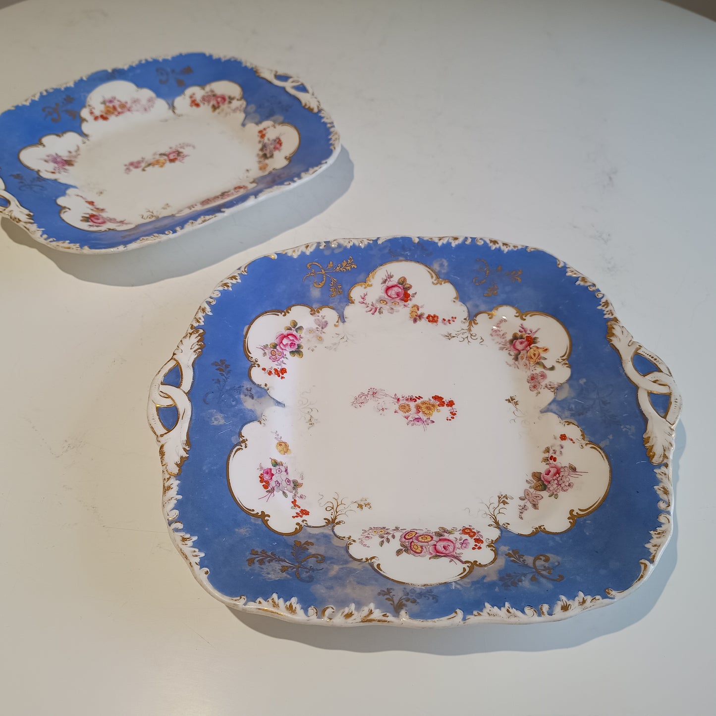 Early Victorian Floral Blue & Gilt Serving Dishes for Dessert / Sandwiches, Coalport 1835