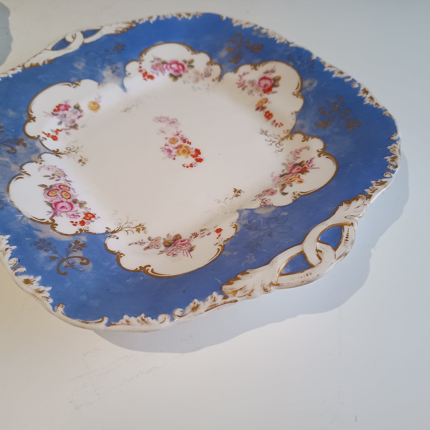 Early Victorian Floral Blue & Gilt Serving Dishes for Dessert / Sandwiches, Coalport 1835