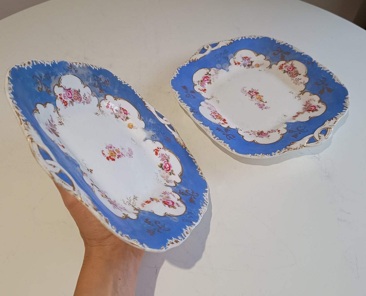 Early Victorian Floral Blue & Gilt Serving Dishes for Dessert / Sandwiches, Coalport 1835