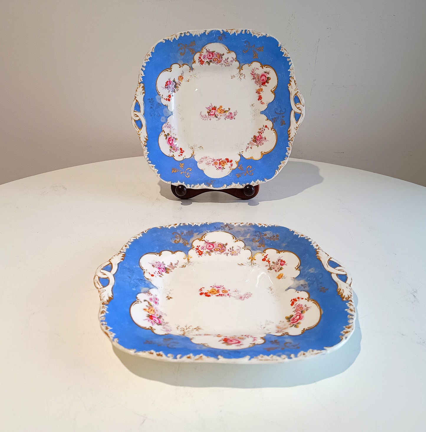 Early Victorian Floral Blue & Gilt Serving Dishes for Dessert / Sandwiches, Coalport 1835