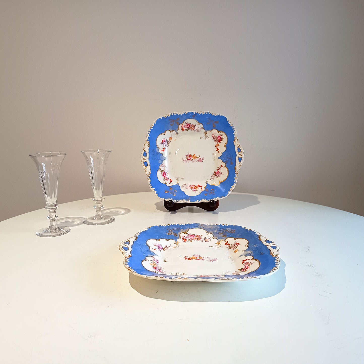 Early Victorian Floral Blue & Gilt Serving Dishes for Dessert / Sandwiches, Coalport 1835