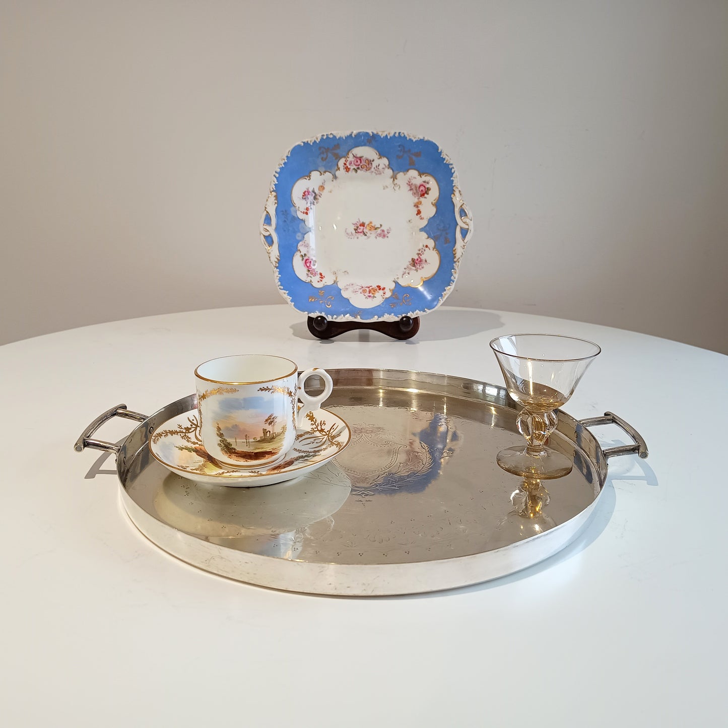 Early Victorian Floral Blue & Gilt Serving Dishes for Dessert / Sandwiches, Coalport 1835