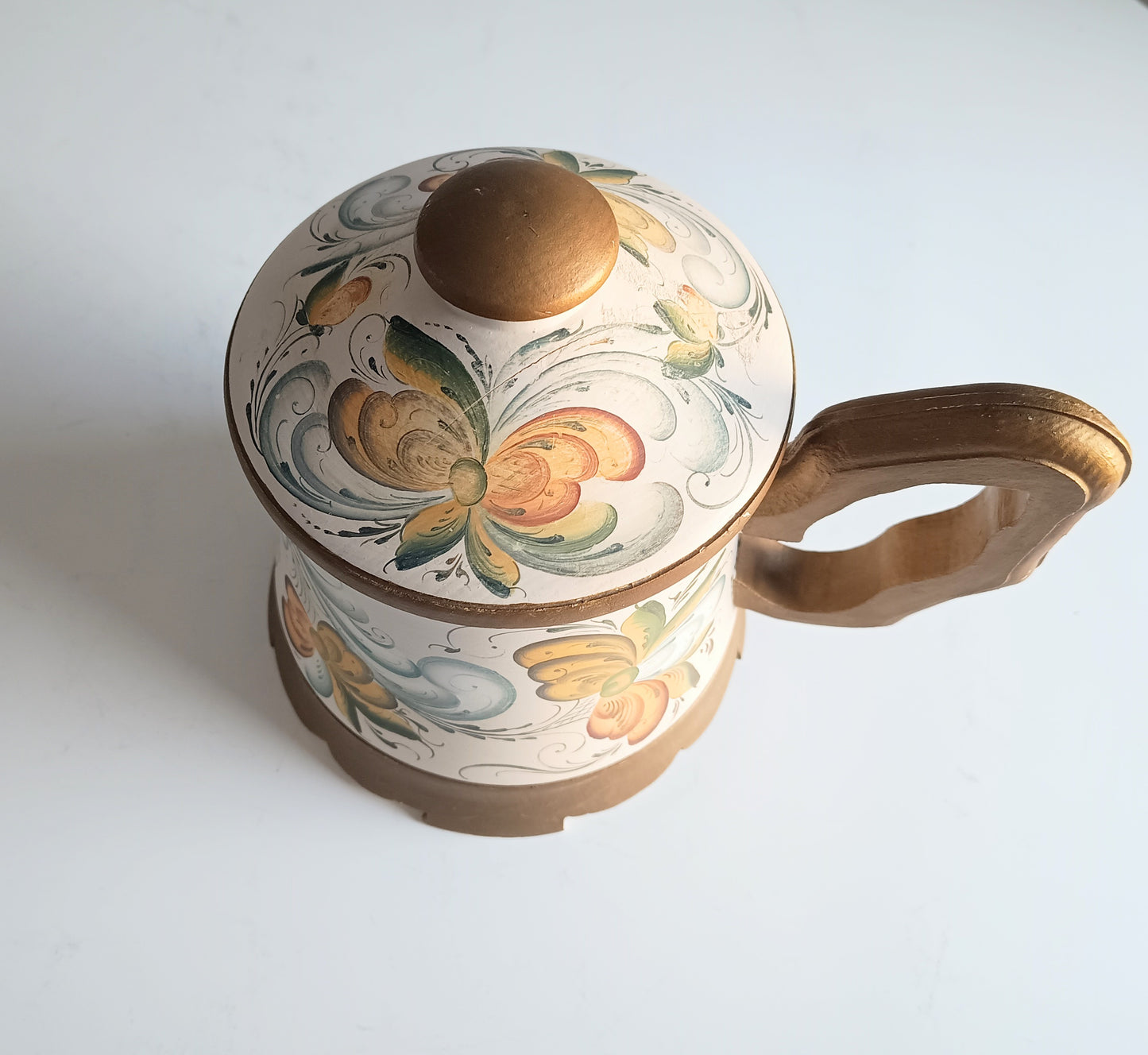 Vintage Norwegian Folk Art Wooden Lidded Beer Mug Lidded Tankard, Hand-Painted Roseling Telemark Style