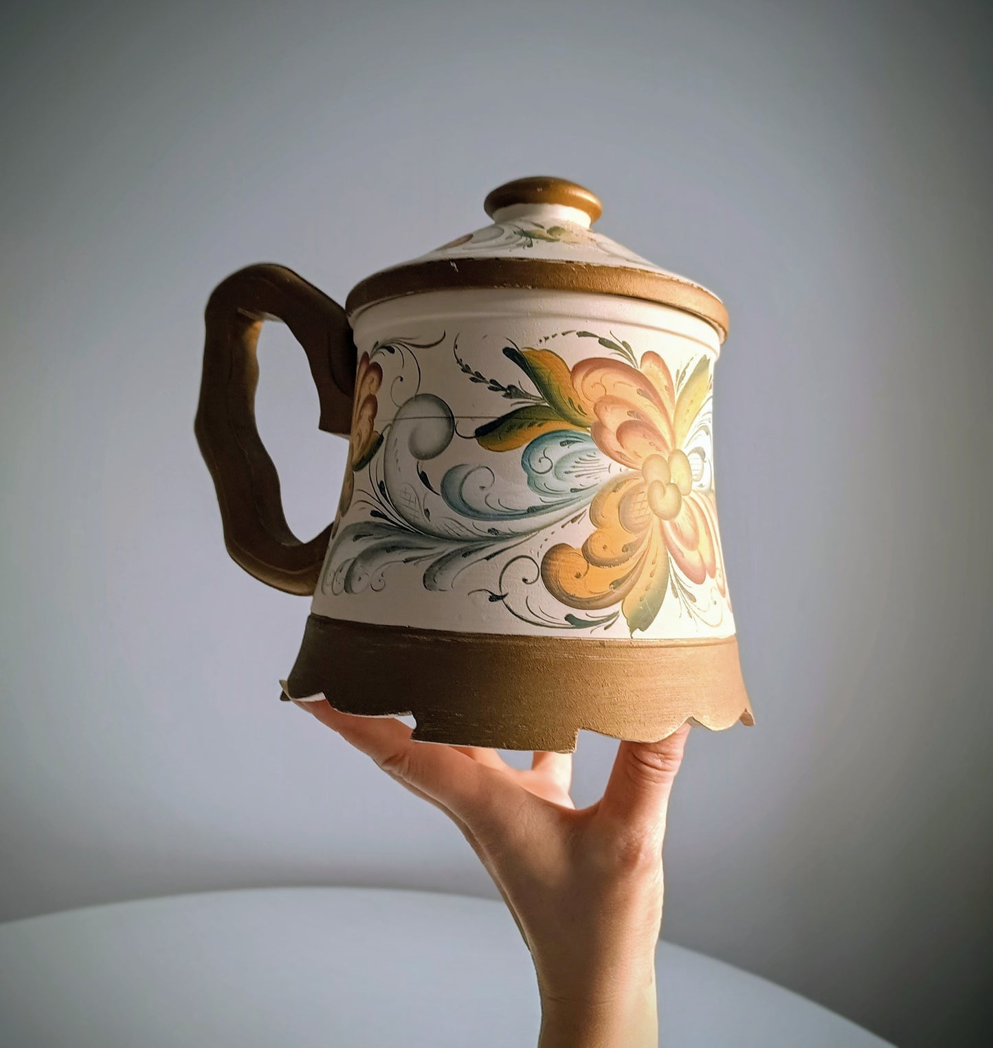 Vintage Norwegian Folk Art Wooden Lidded Beer Mug Lidded Tankard, Hand-Painted Roseling Telemark Style