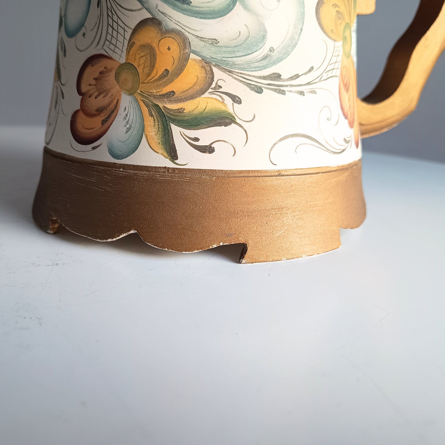 Vintage Norwegian Folk Art Wooden Lidded Beer Mug Lidded Tankard, Hand-Painted Roseling Telemark Style