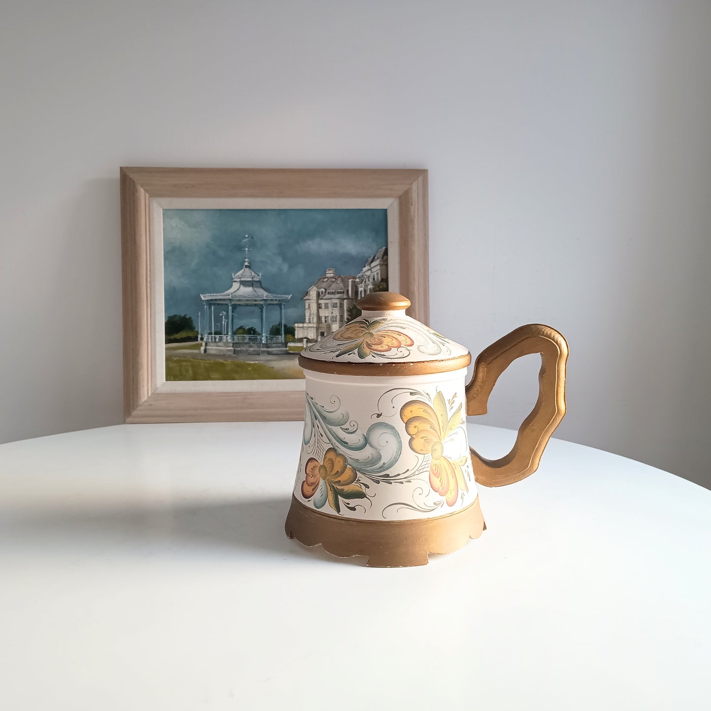 Vintage Norwegian Folk Art Wooden Lidded Beer Mug Lidded Tankard, Hand-Painted Roseling Telemark Style