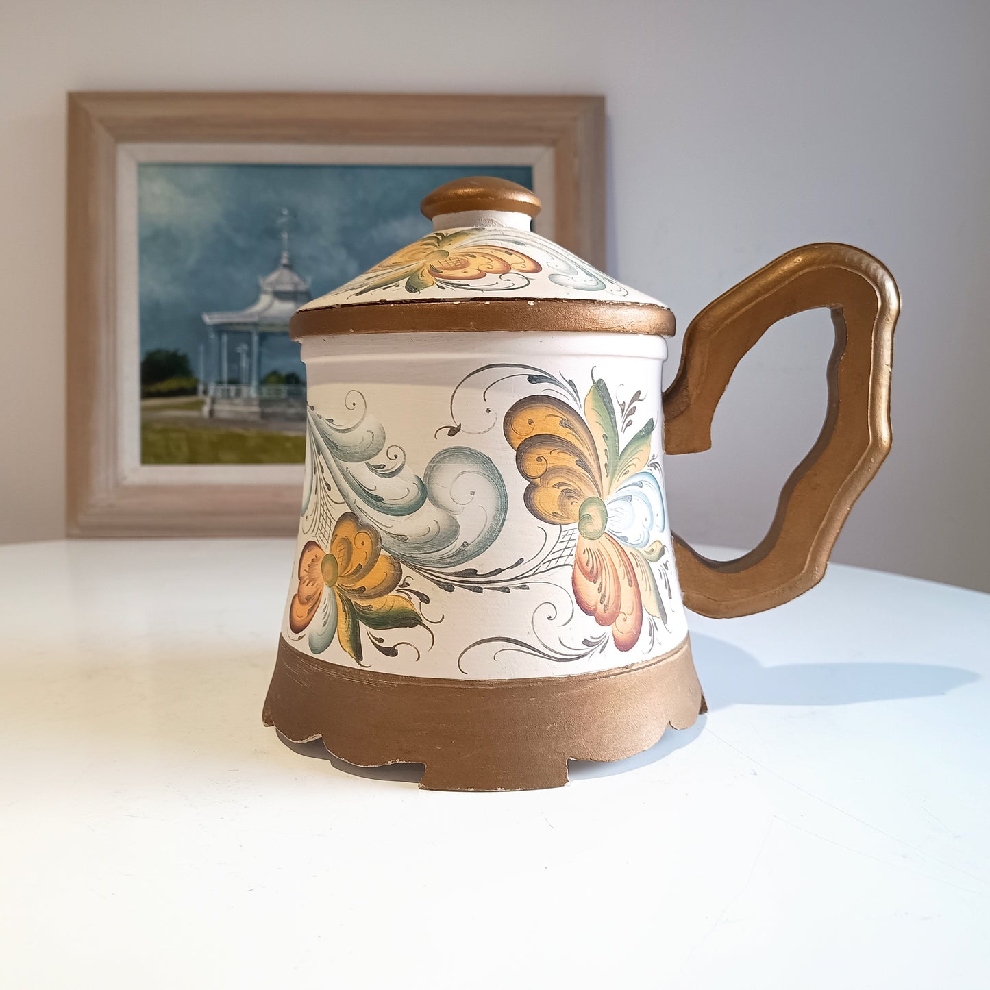 Vintage Norwegian Folk Art Wooden Lidded Beer Mug Lidded Tankard, Hand-Painted Roseling Telemark Style