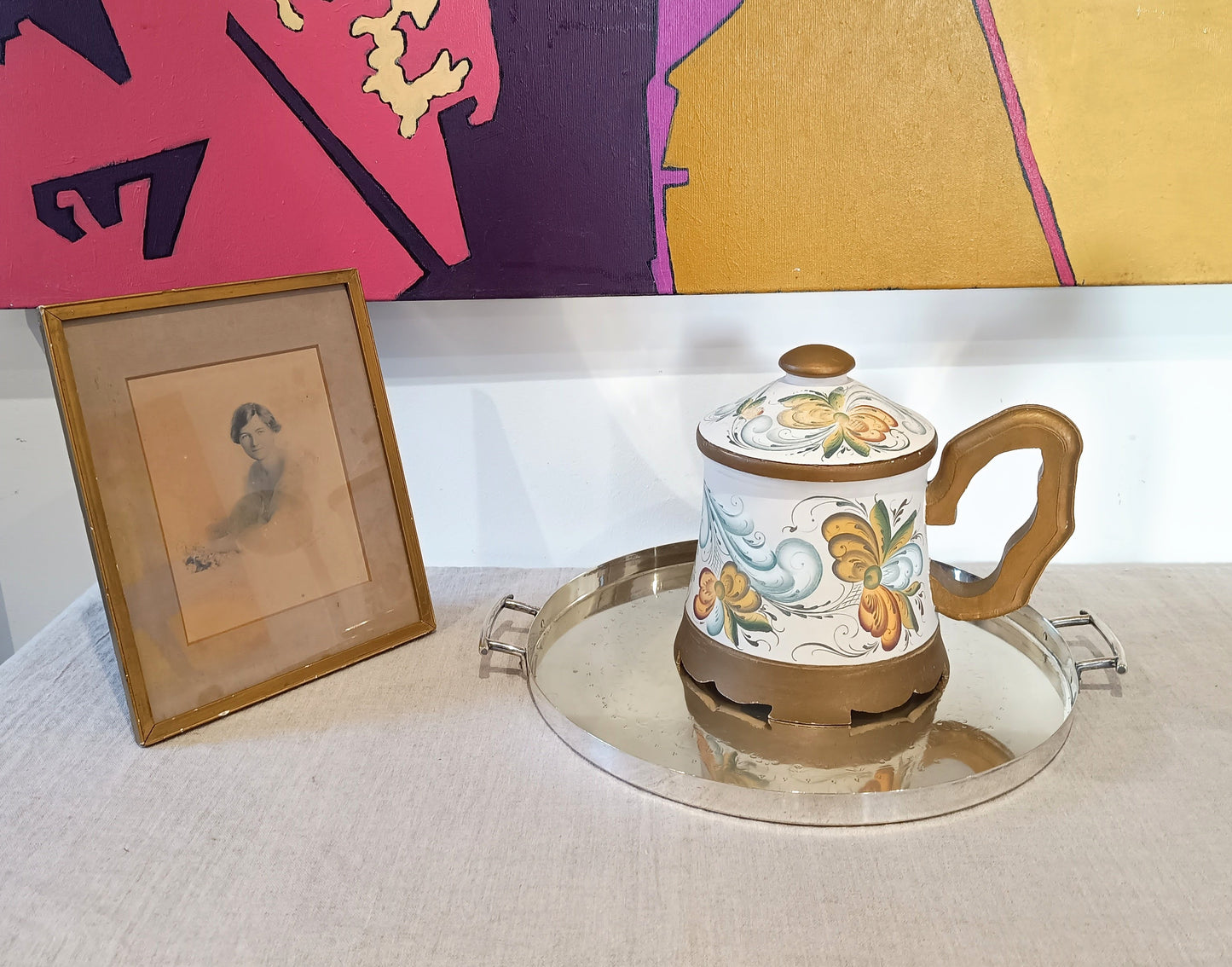 Vintage Norwegian Folk Art Wooden Lidded Beer Mug Lidded Tankard, Hand-Painted Roseling Telemark Style