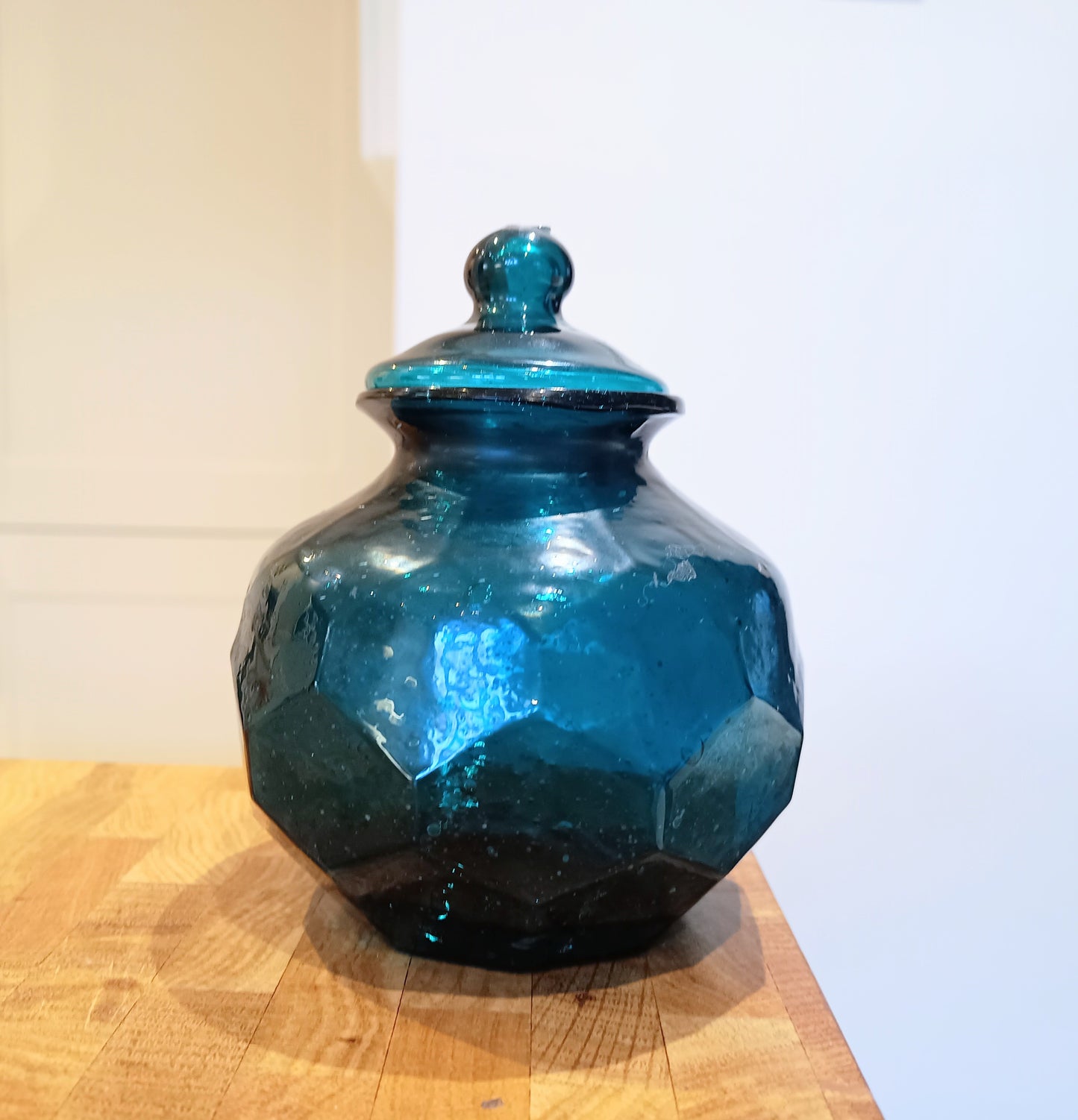 Art Nouveau Era Lidded Glass Candy Jar, Dark Blue-Green, Honeycomb Design, 1900s