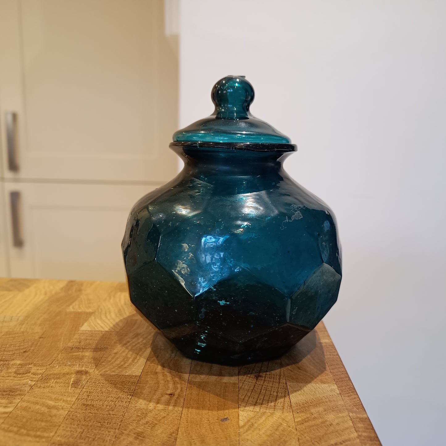 Art Nouveau Era Lidded Glass Candy Jar, Dark Blue-Green, Honeycomb Design, 1900s