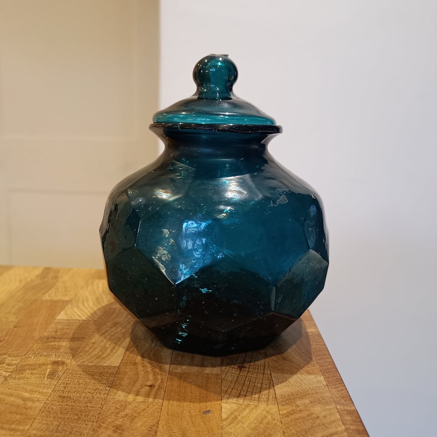 Art Nouveau Era Lidded Glass Candy Jar, Dark Blue-Green, Honeycomb Design, 1900s