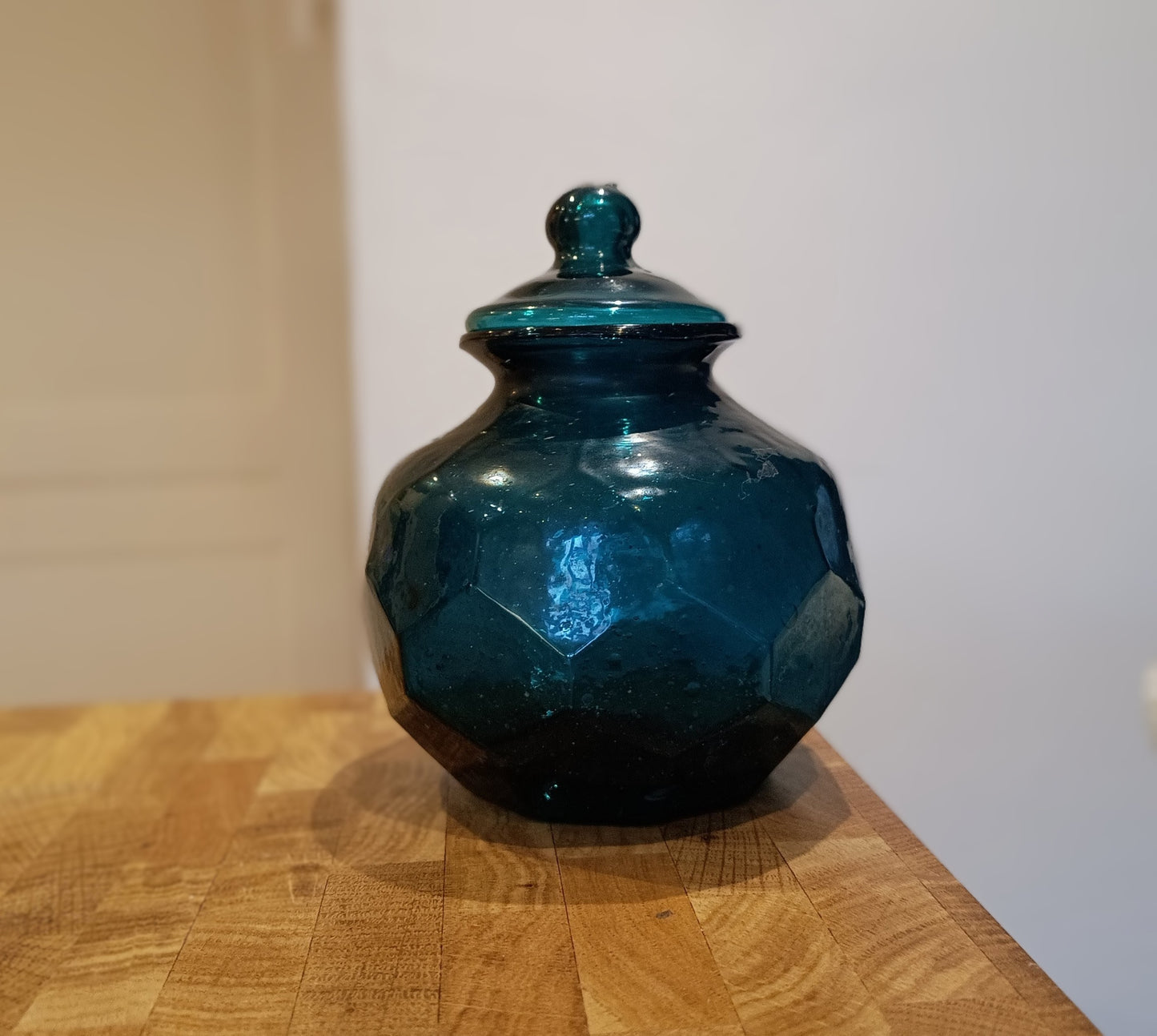 Art Nouveau Era Lidded Glass Candy Jar, Dark Blue-Green, Honeycomb Design, 1900s