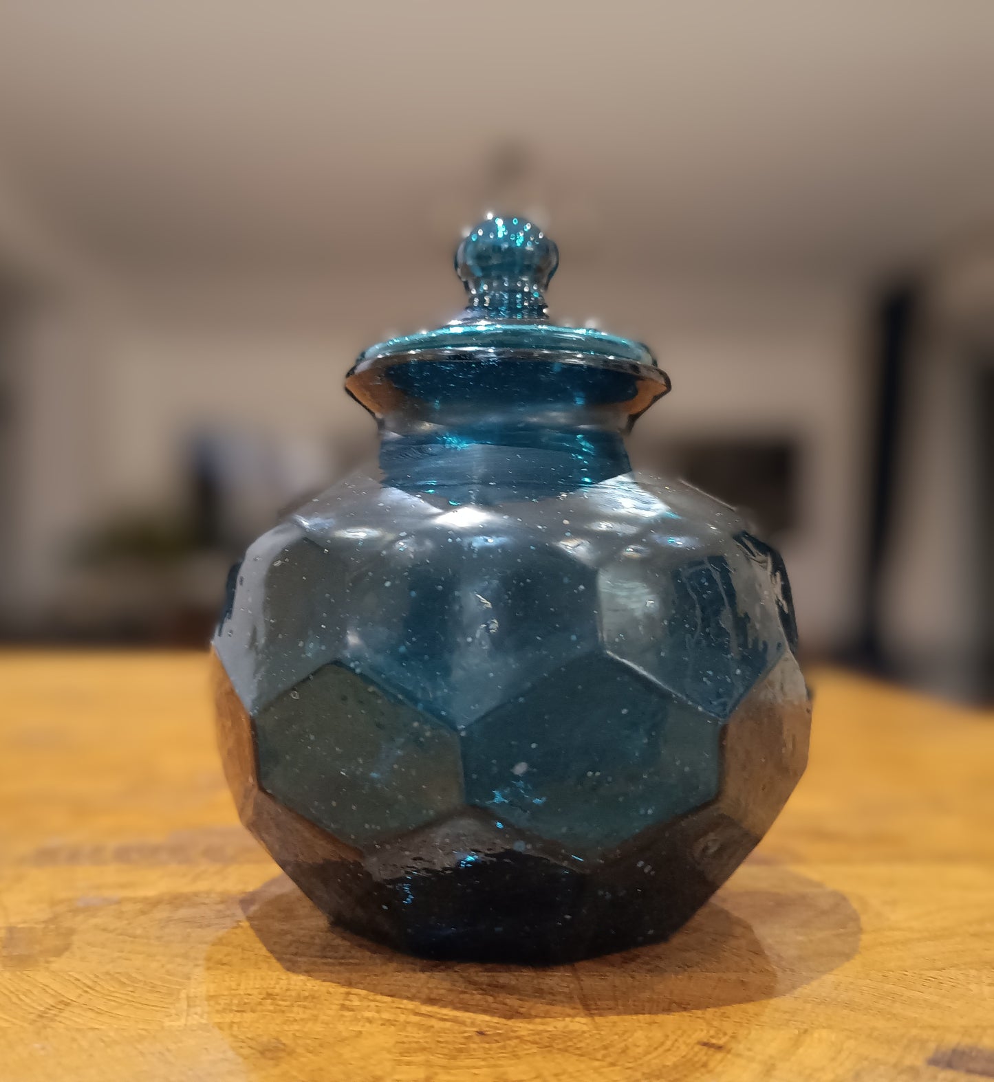 Art Nouveau Era Lidded Glass Candy Jar, Dark Blue-Green, Honeycomb Design, 1900s