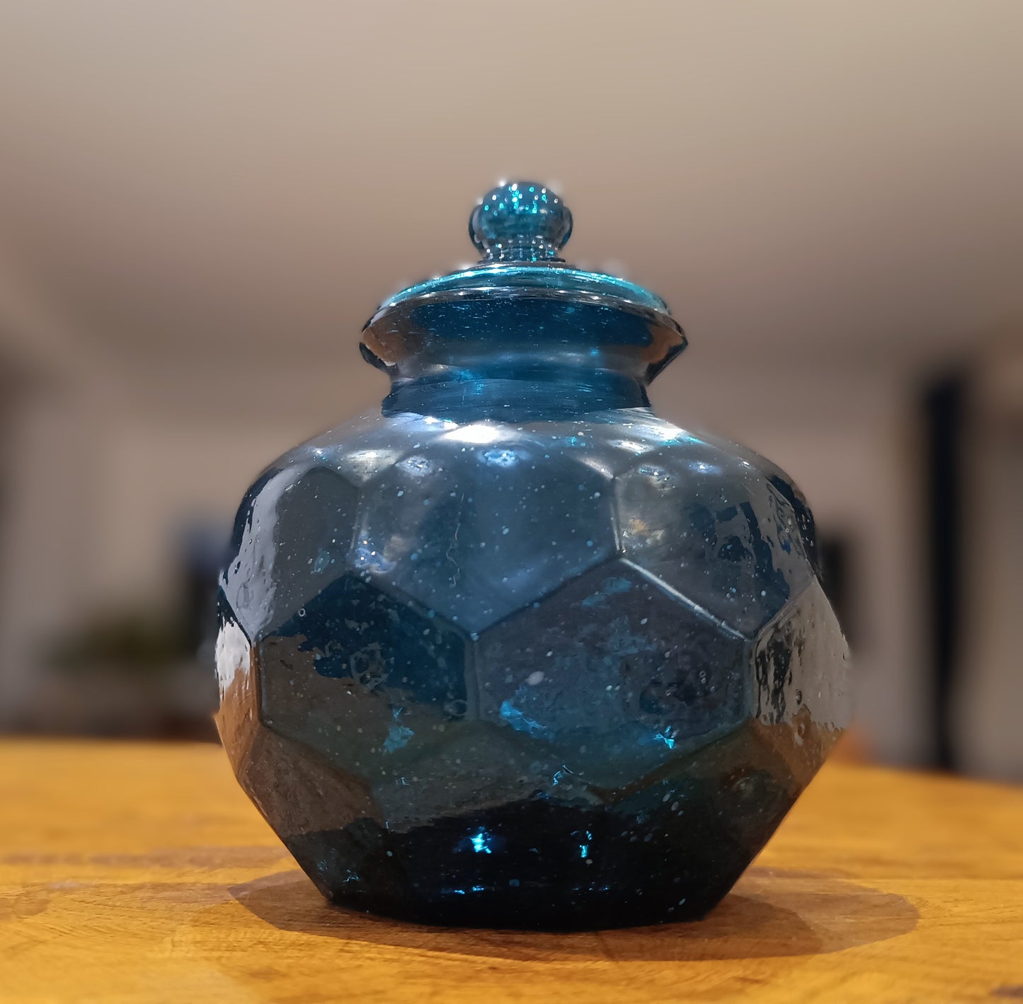 Art Nouveau Era Lidded Glass Candy Jar, Dark Blue-Green, Honeycomb Design, 1900s
