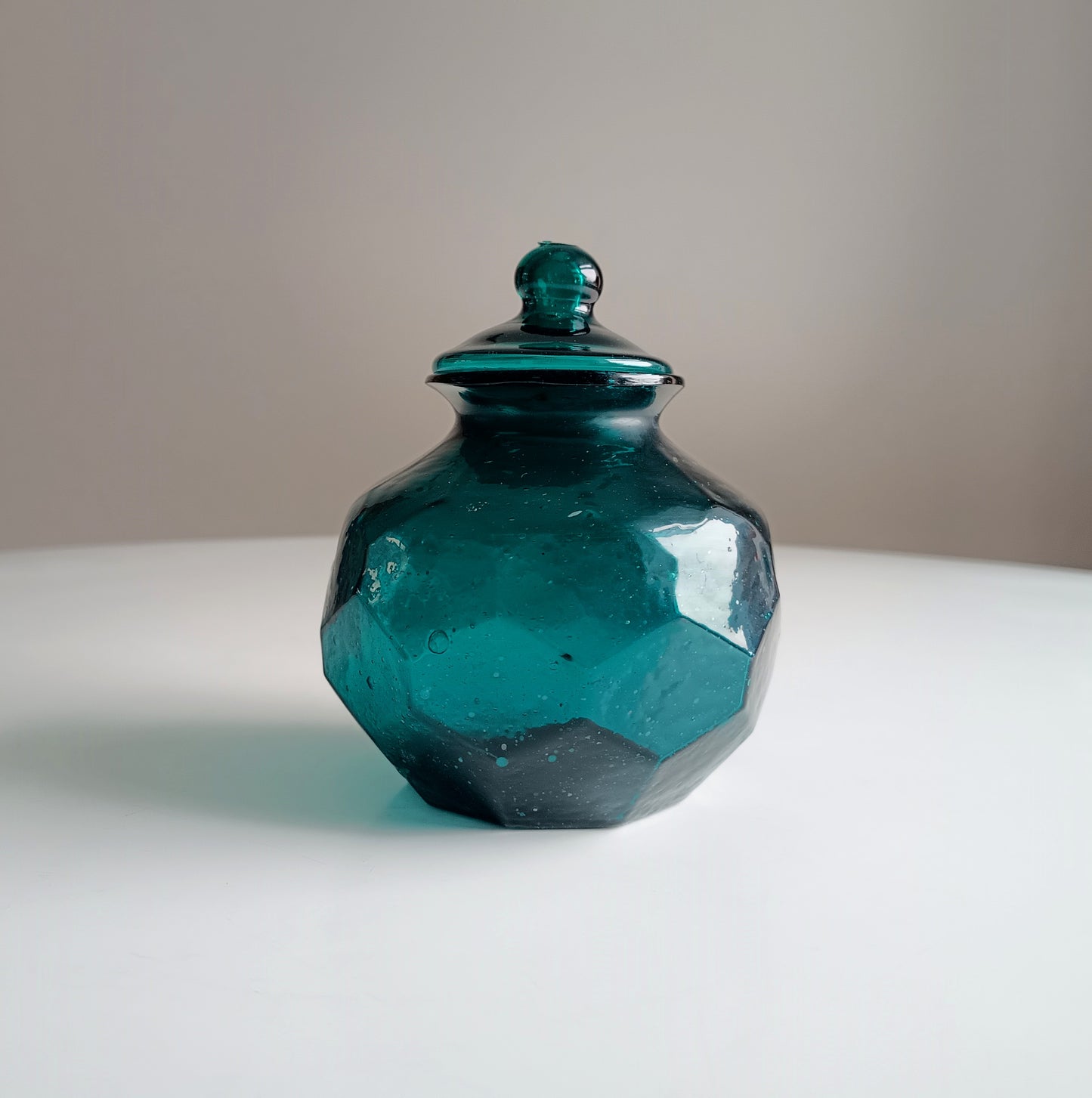 Art Nouveau Era Lidded Glass Candy Jar, Dark Blue-Green, Honeycomb Design, 1900s