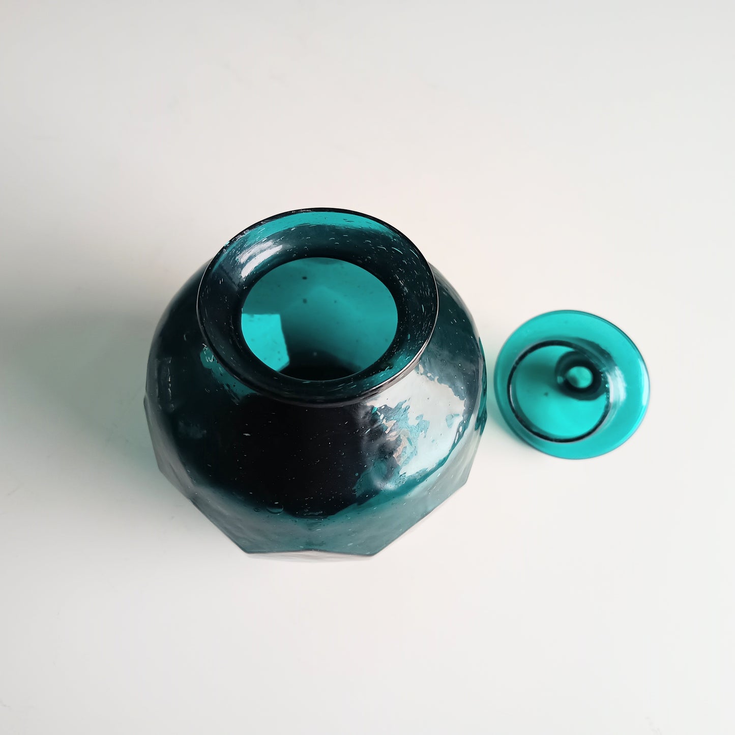 Art Nouveau Era Lidded Glass Candy Jar, Dark Blue-Green, Honeycomb Design, 1900s