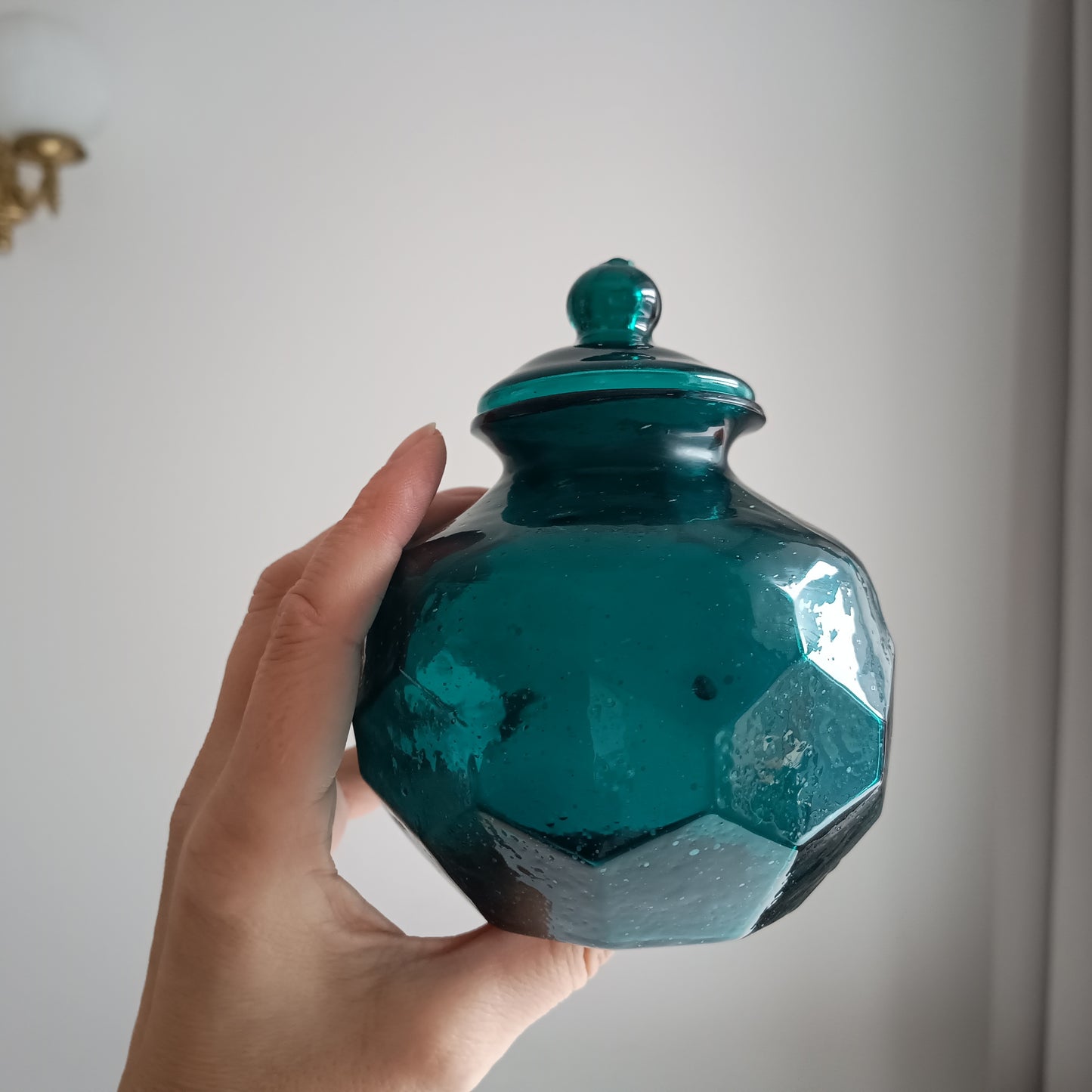 Art Nouveau Era Lidded Glass Candy Jar, Dark Blue-Green, Honeycomb Design, 1900s