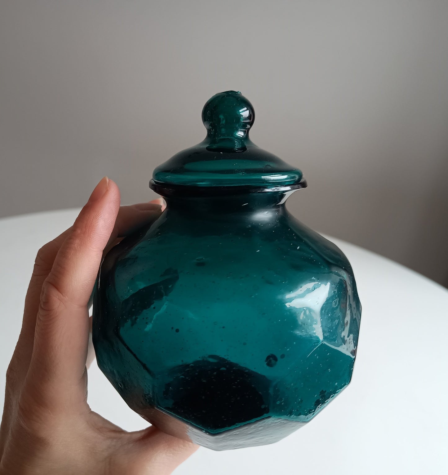 Art Nouveau Era Lidded Glass Candy Jar, Dark Blue-Green, Honeycomb Design, 1900s
