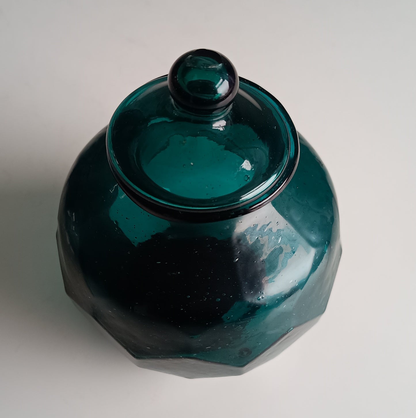 Art Nouveau Era Lidded Glass Candy Jar, Dark Blue-Green, Honeycomb Design, 1900s