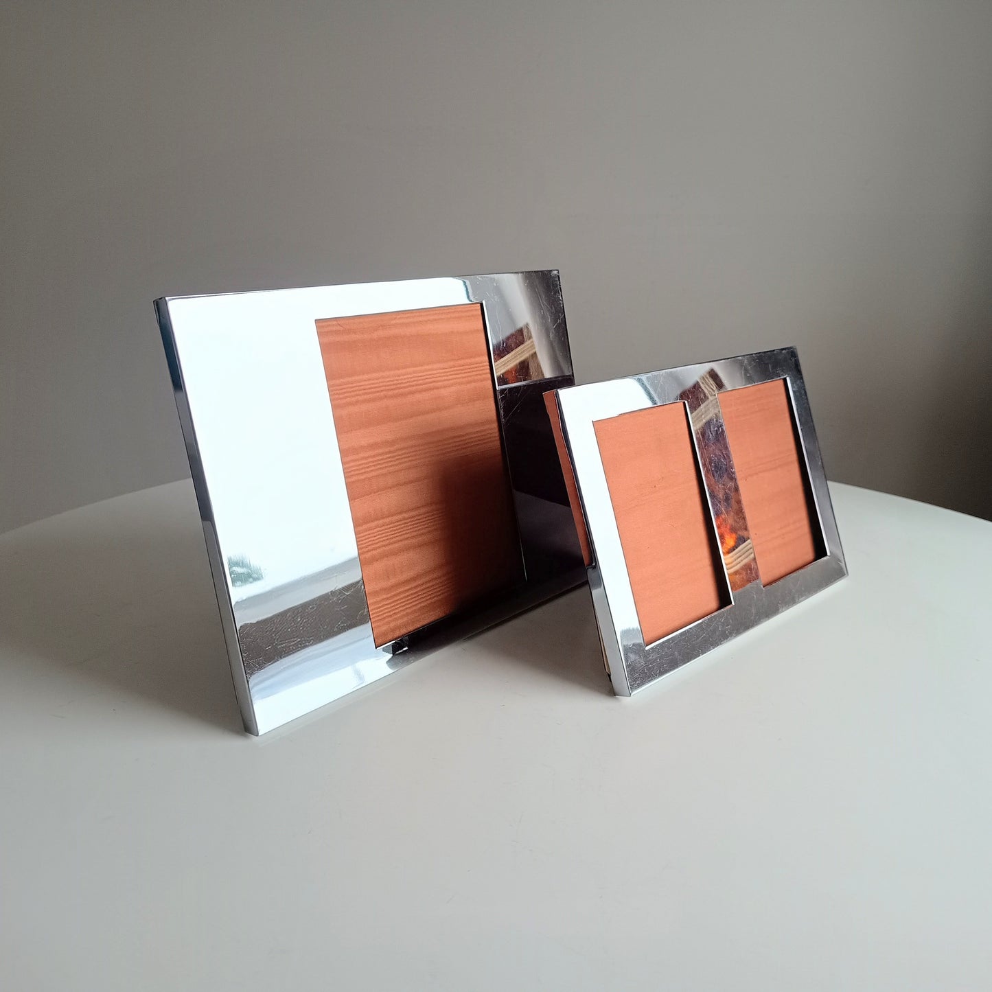 Set of 2 Midcentury Modern Vintage Felice Antonio Botta Tabletop Frames, Chrome & Wood Back