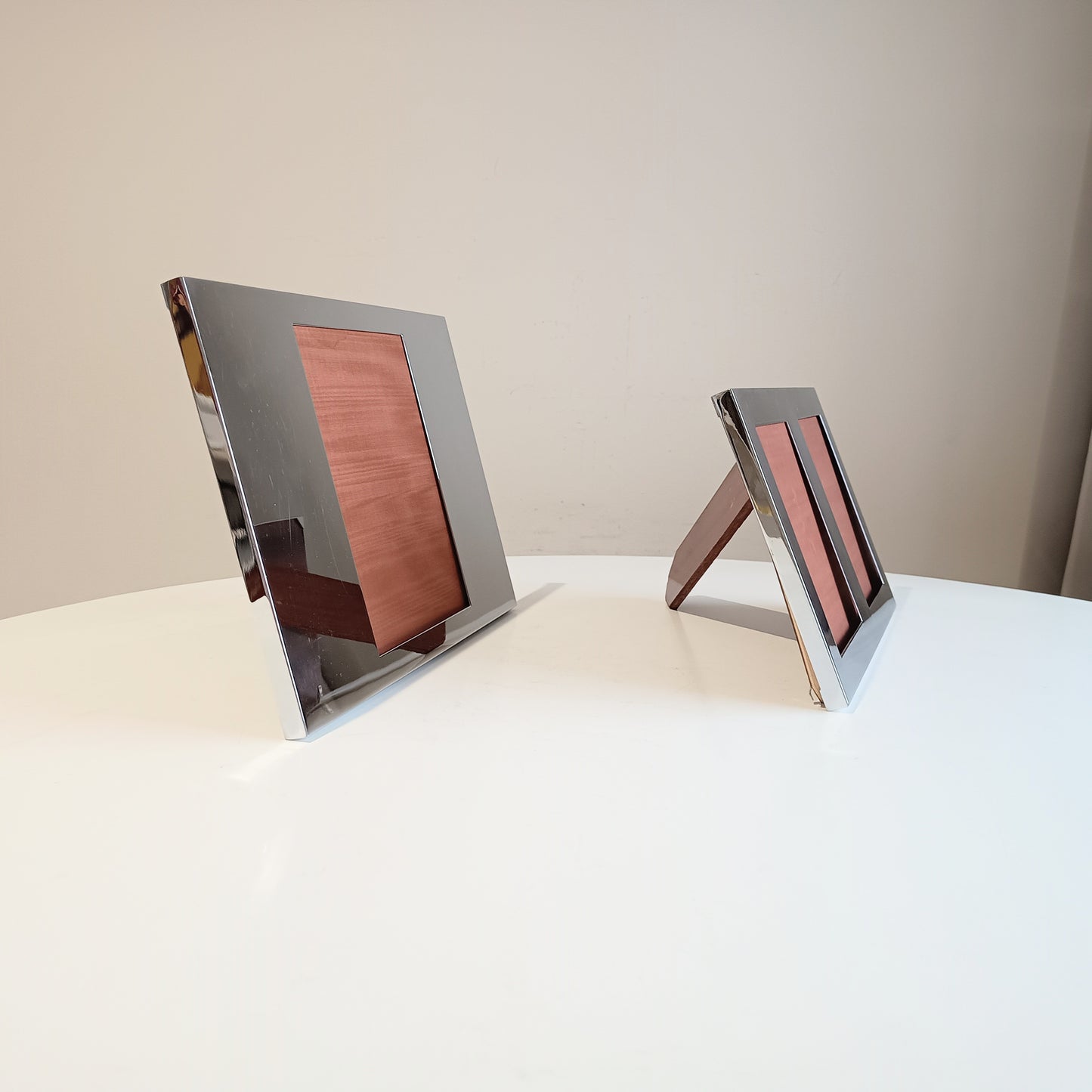 Set of 2 Midcentury Modern Vintage Felice Antonio Botta Tabletop Frames, Chrome & Wood Back
