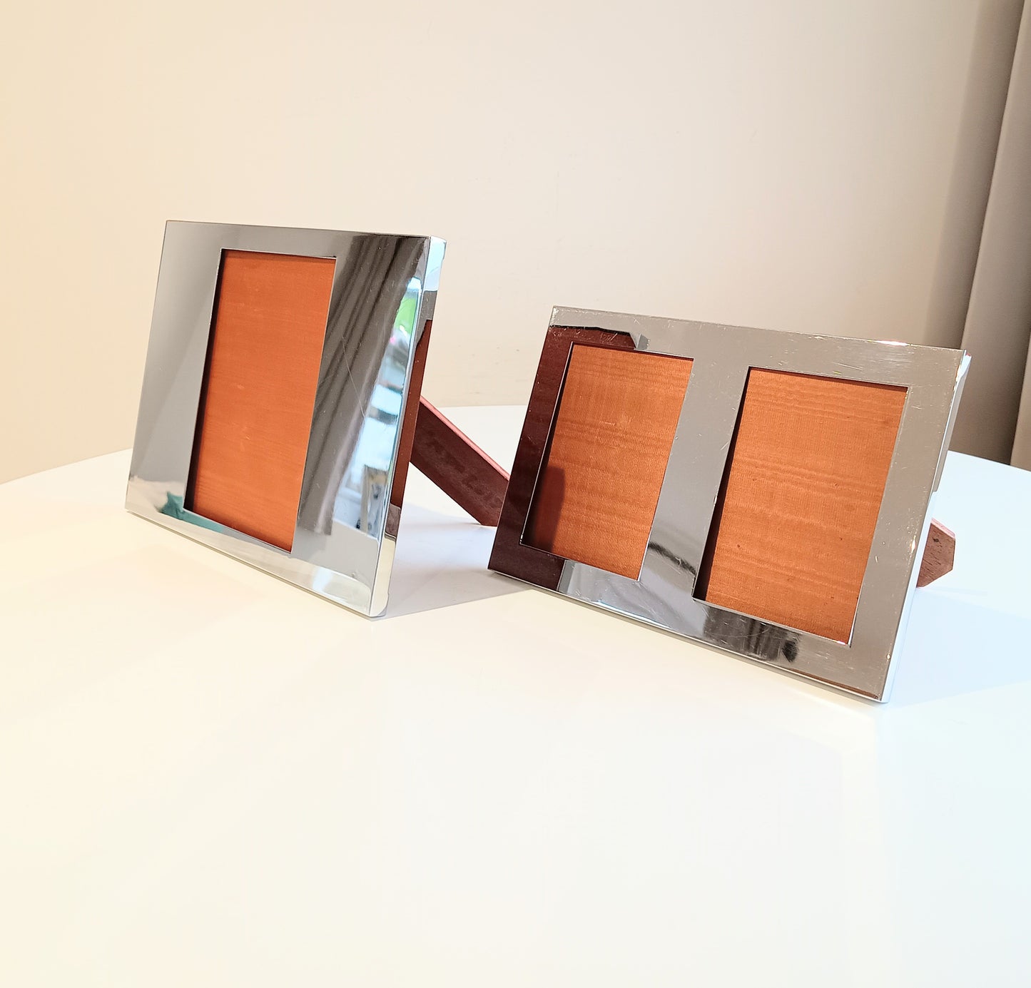 Set of 2 Midcentury Modern Vintage Felice Antonio Botta Tabletop Frames, Chrome & Wood Back