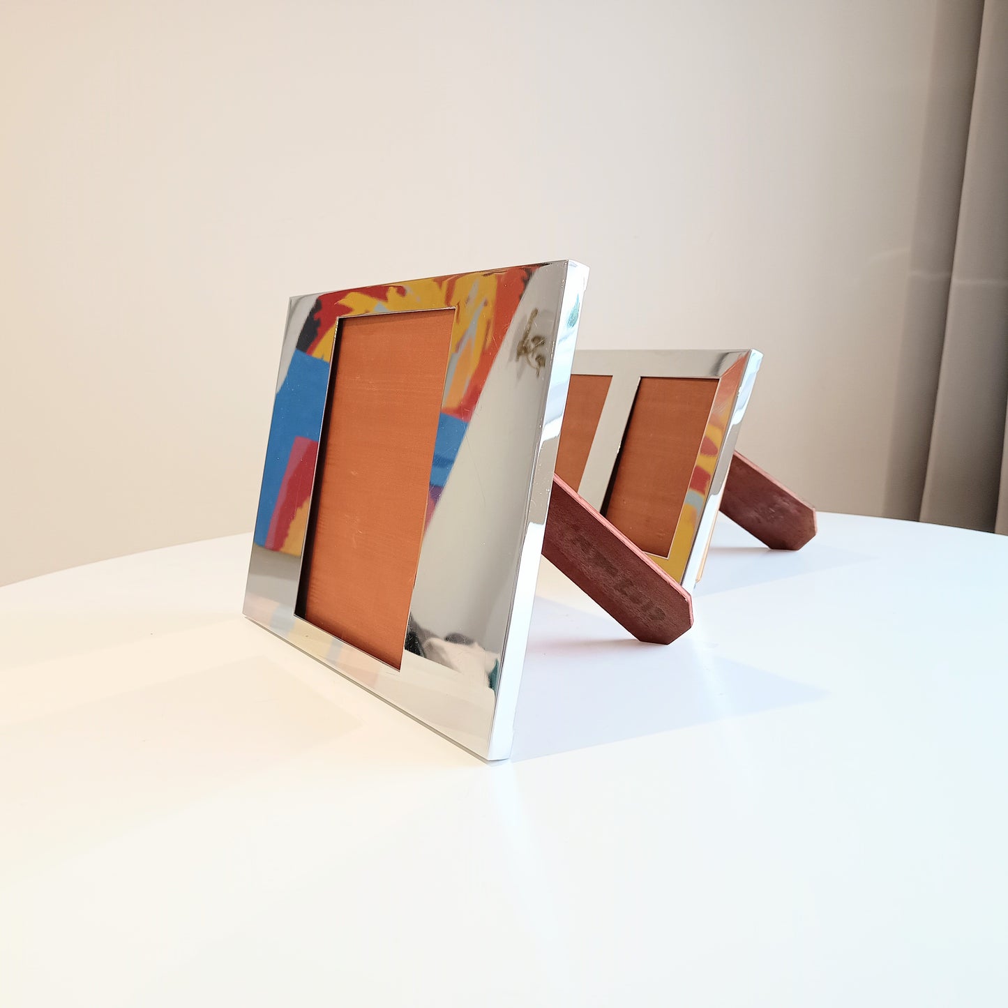 Set of 2 Midcentury Modern Vintage Felice Antonio Botta Tabletop Frames, Chrome & Wood Back