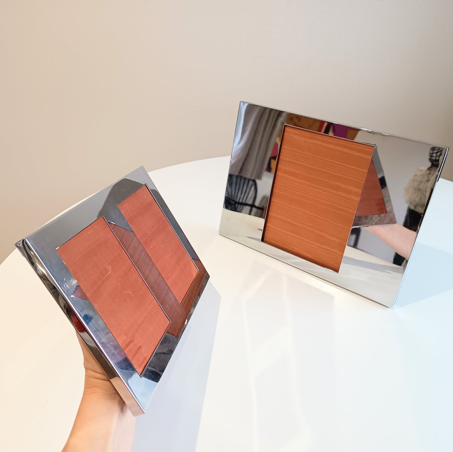 Set of 2 Midcentury Modern Vintage Felice Antonio Botta Tabletop Frames, Chrome & Wood Back