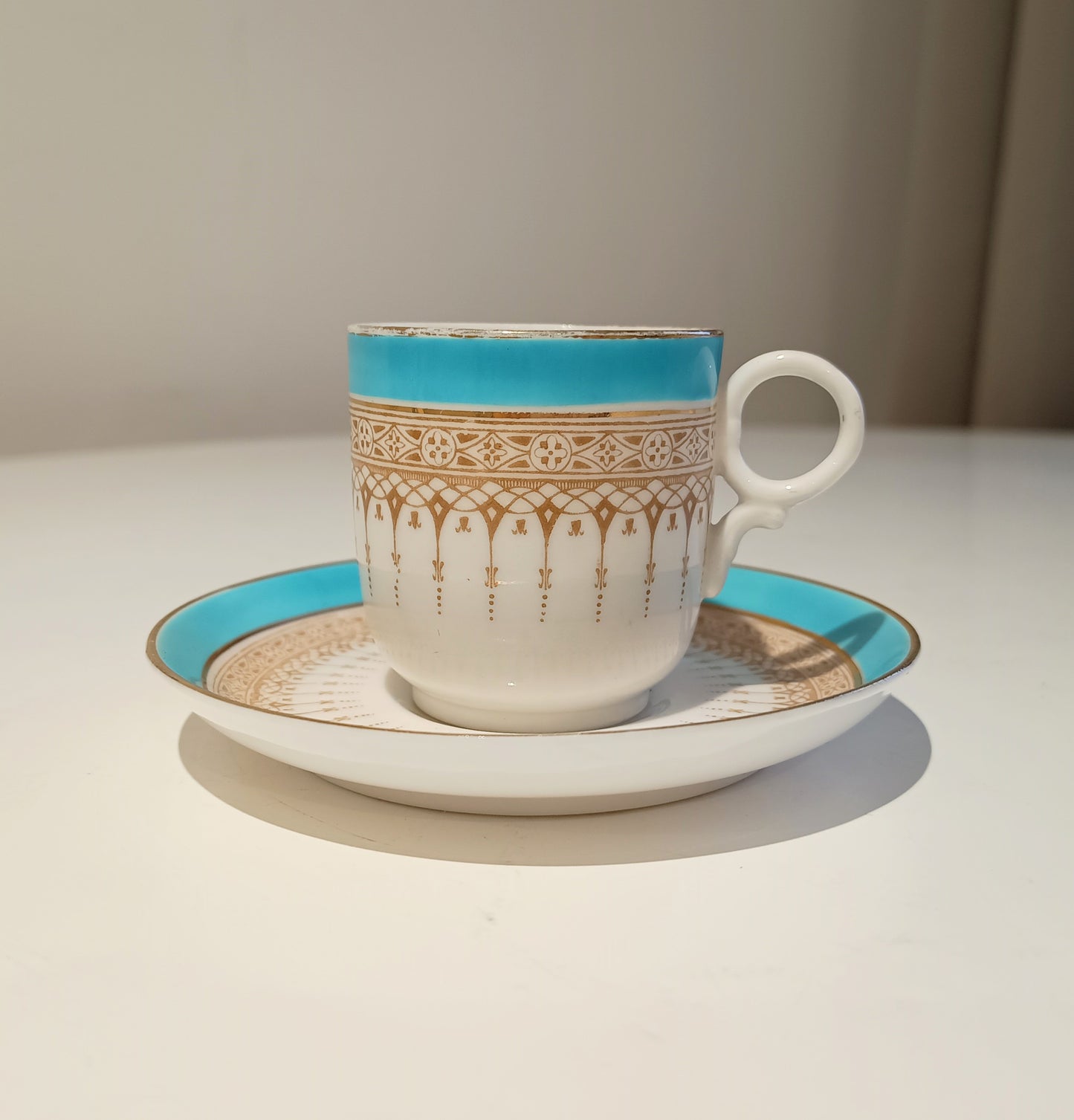 Vintage Royal Doulton Demitasse Duo Cup and Saucer, Acqua Blue and Beige, Ring Handle, c 1920
