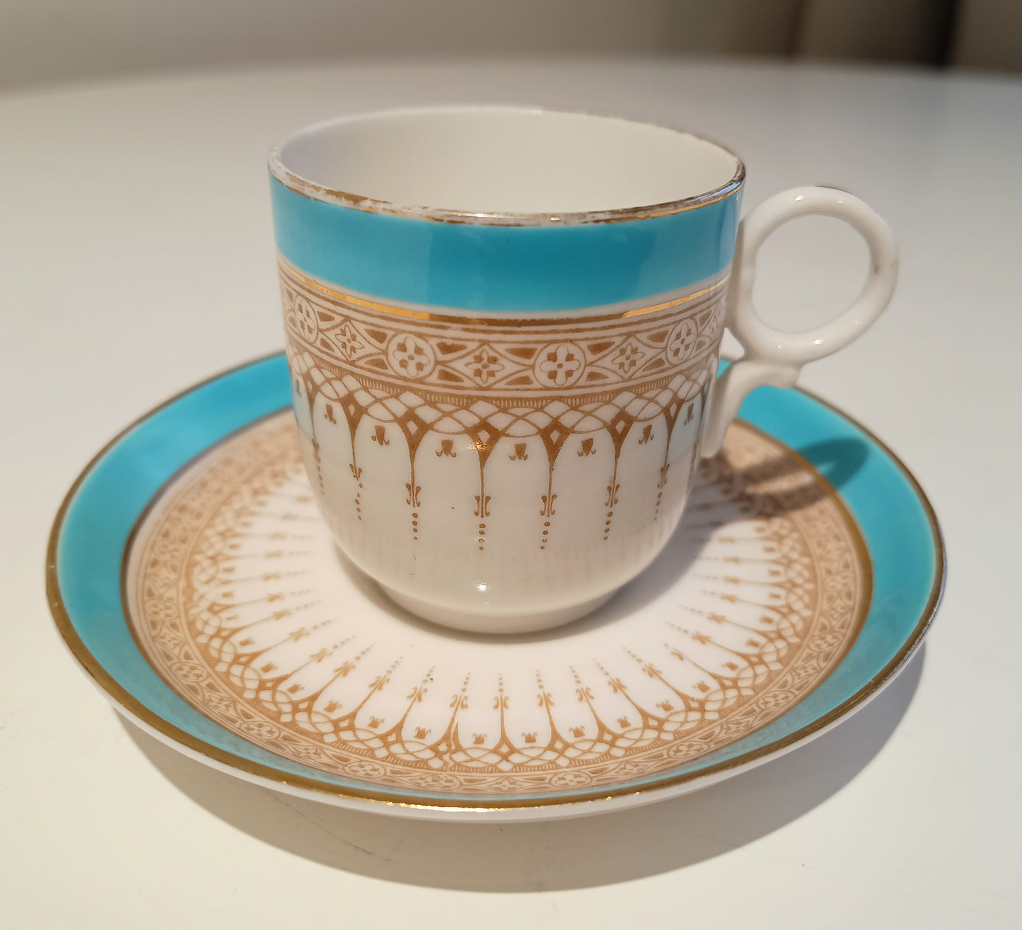Vintage Royal Doulton Demitasse Duo Cup and Saucer, Acqua Blue and Beige, Ring Handle, c 1920