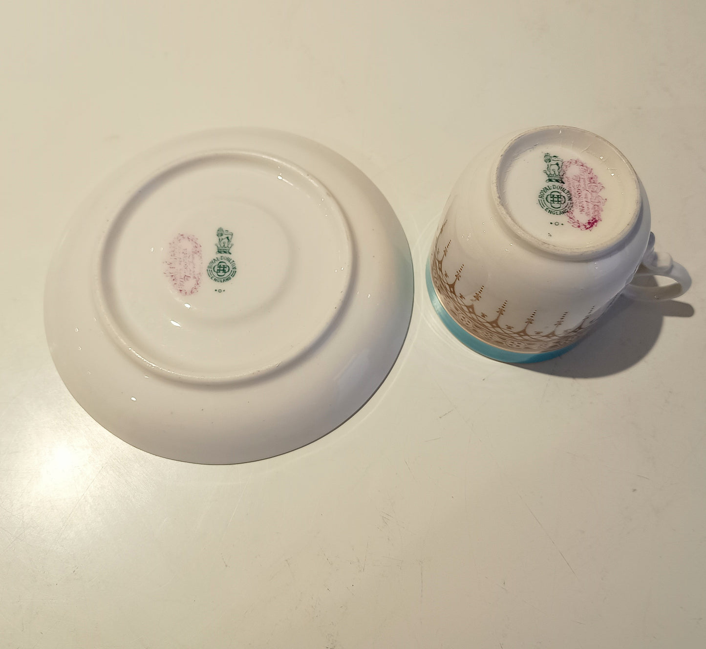 Vintage Royal Doulton Demitasse Duo Cup and Saucer, Acqua Blue and Beige, Ring Handle, c 1920