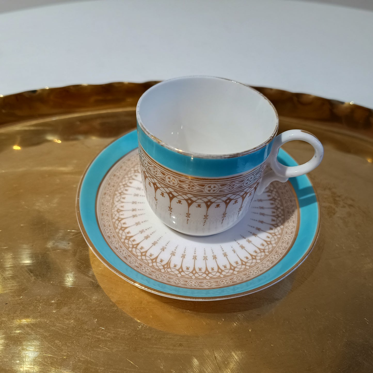 Vintage Royal Doulton Demitasse Duo Cup and Saucer, Acqua Blue and Beige, Ring Handle, c 1920