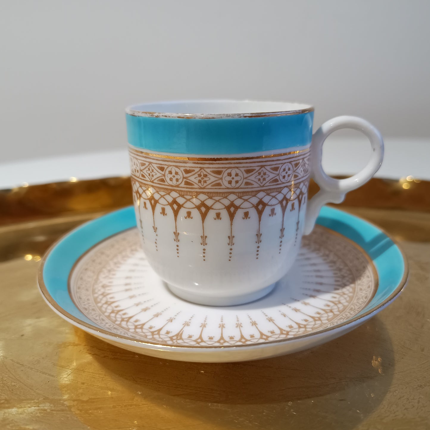 Vintage Royal Doulton Demitasse Duo Cup and Saucer, Acqua Blue and Beige, Ring Handle, c 1920