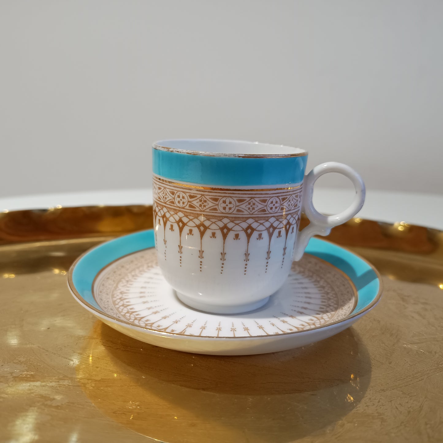 Vintage Royal Doulton Demitasse Duo Cup and Saucer, Acqua Blue and Beige, Ring Handle, c 1920