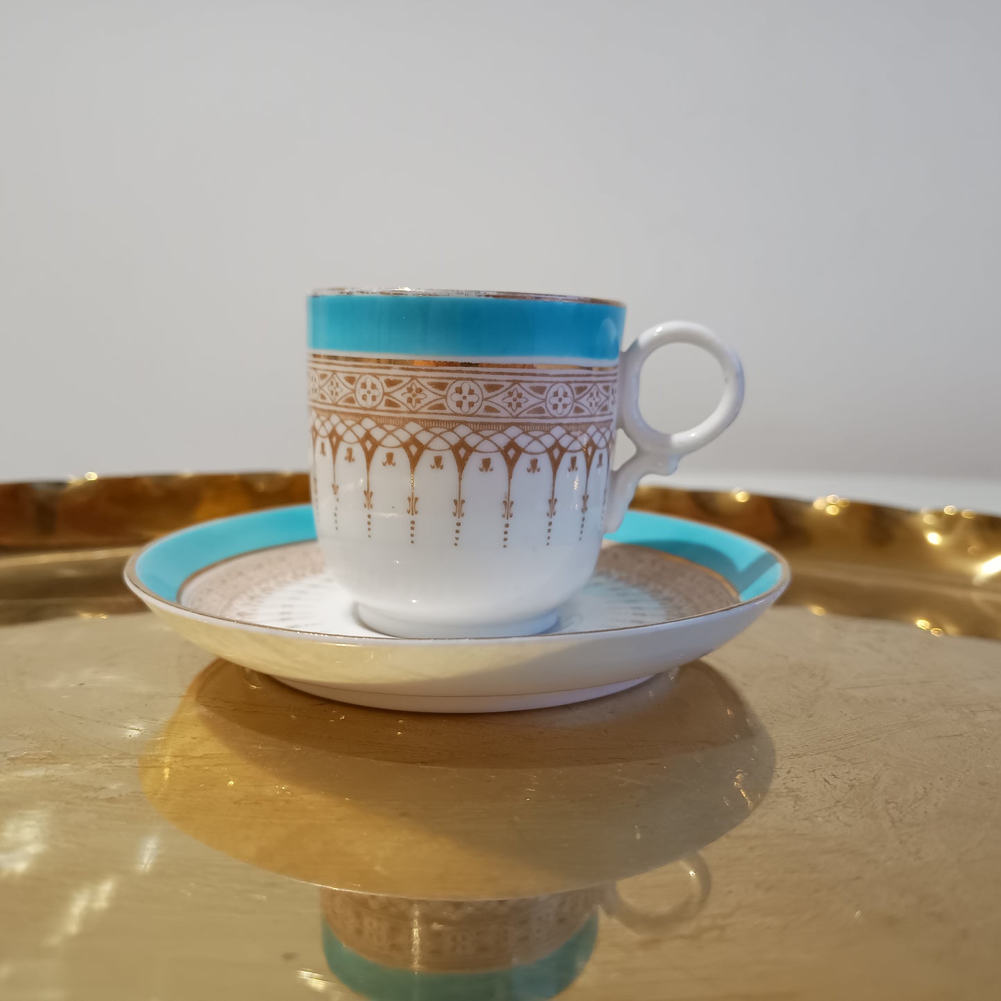 Vintage Royal Doulton Demitasse Duo Cup and Saucer, Acqua Blue and Beige, Ring Handle, c 1920
