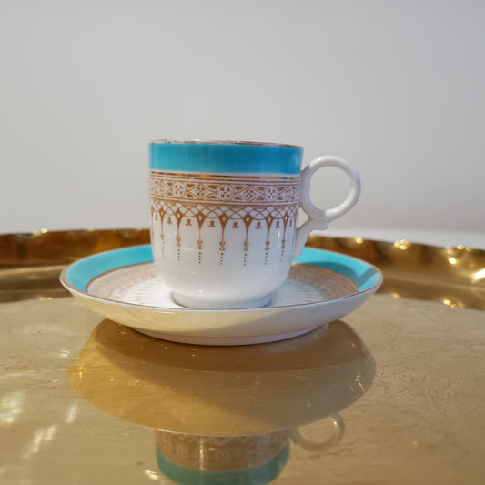 Vintage Royal Doulton Demitasse Duo Cup and Saucer, Acqua Blue and Beige, Ring Handle, c 1920