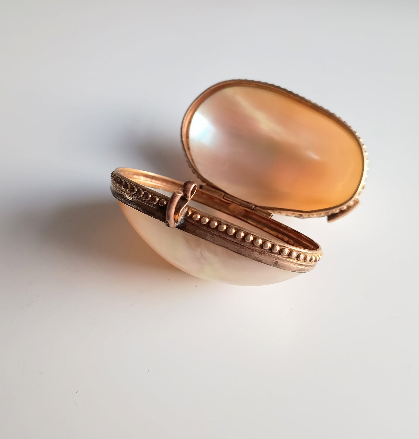 Antique 19th century French Palais Royal Mother of Pearl Oyster Shell Ormolu Egg Shape Box