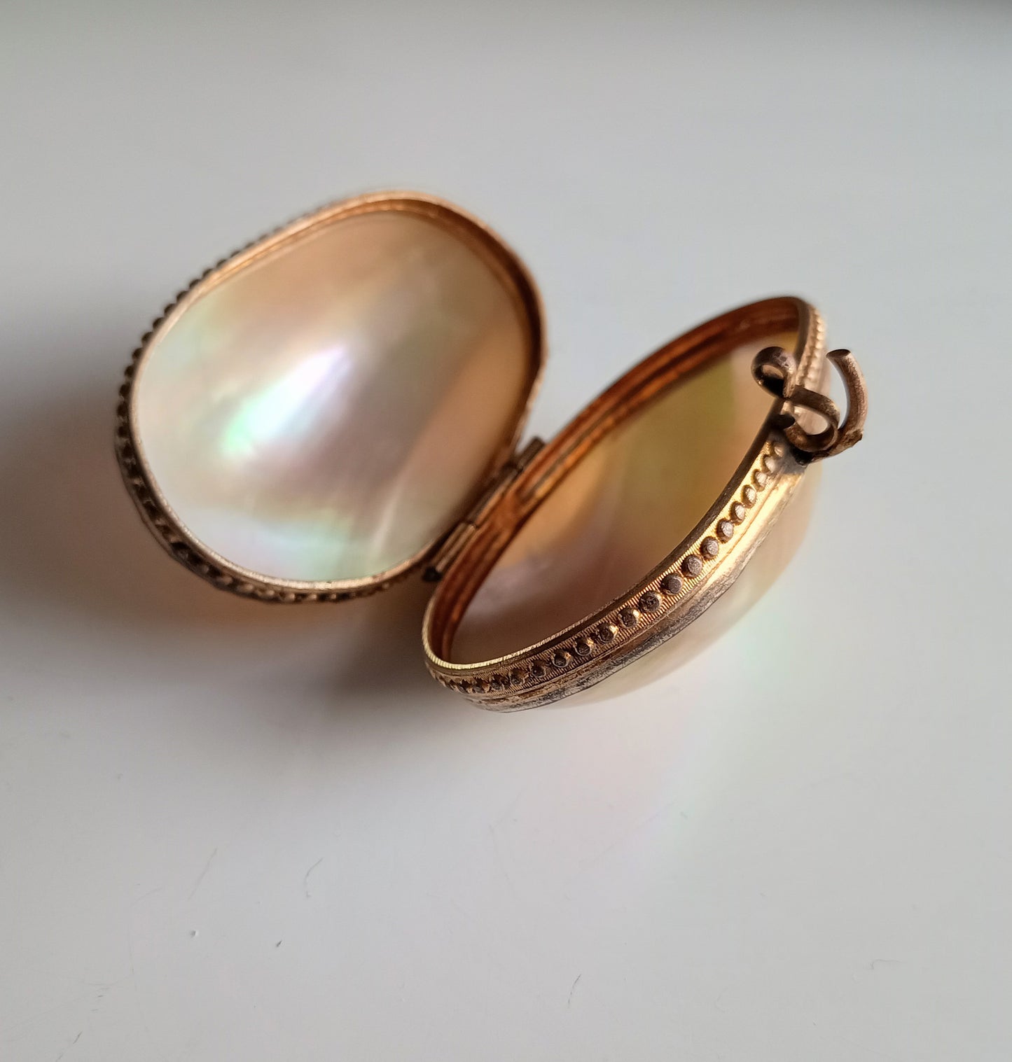 Antique 19th century French Palais Royal Mother of Pearl Oyster Shell Ormolu Egg Shape Box