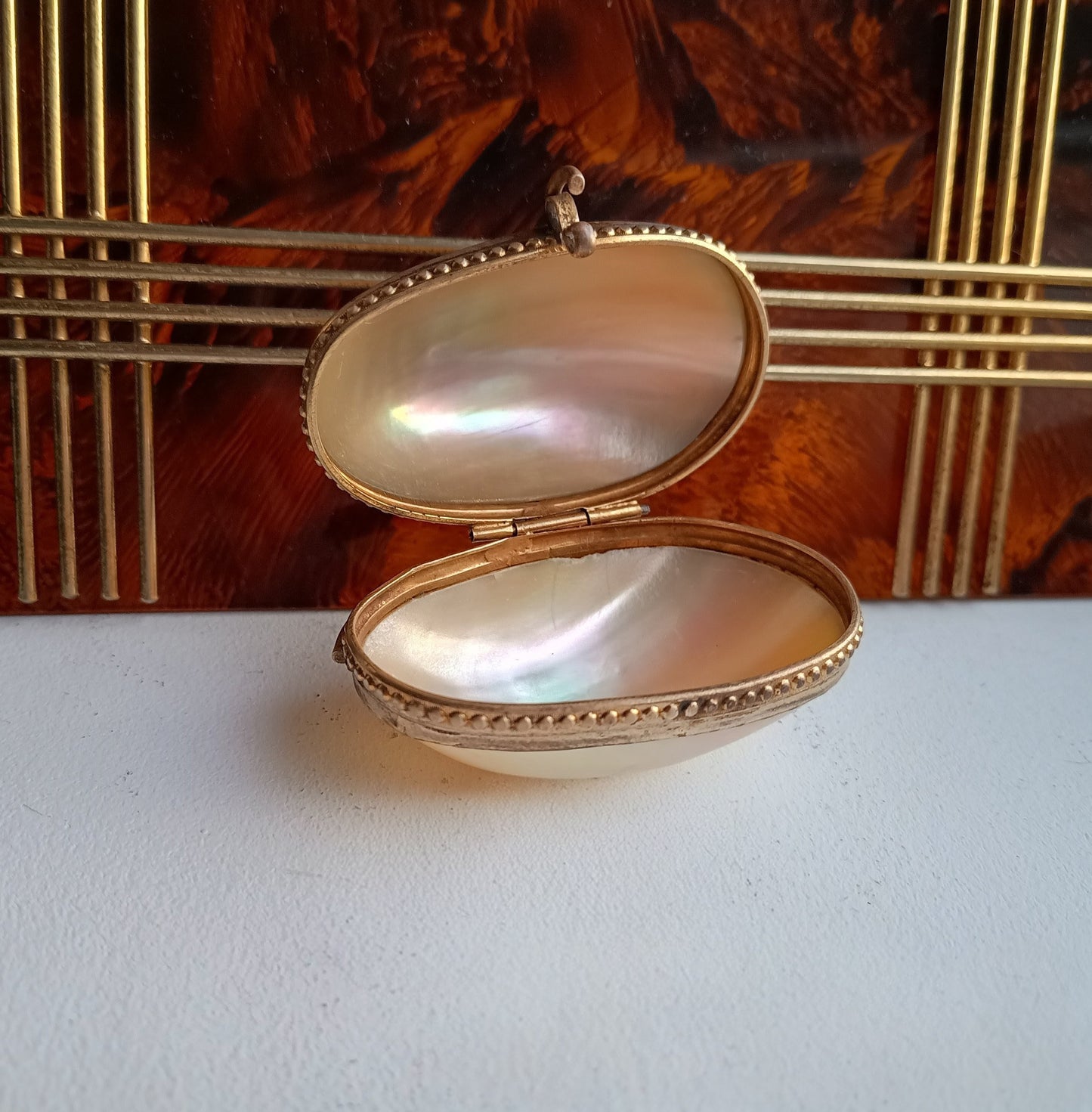 Antique 19th century French Palais Royal Mother of Pearl Oyster Shell Ormolu Egg Shape Box